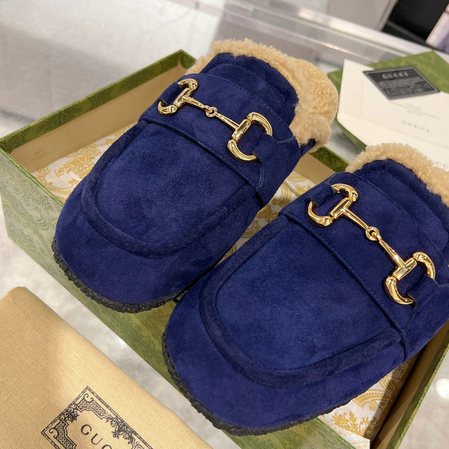 HORSEBIT MULE IN ROYAL BLUE SUEDE AND FLEECE LINING