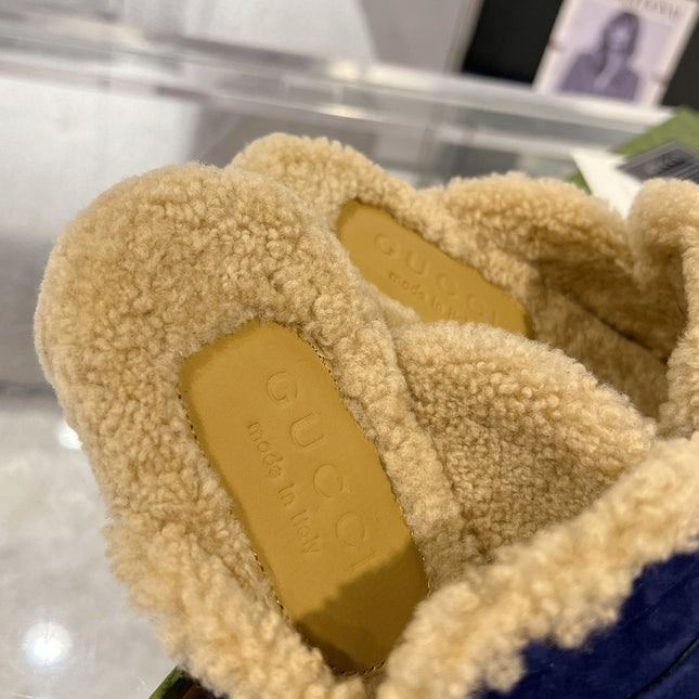 HORSEBIT MULE IN ROYAL BLUE SUEDE AND FLEECE LINING