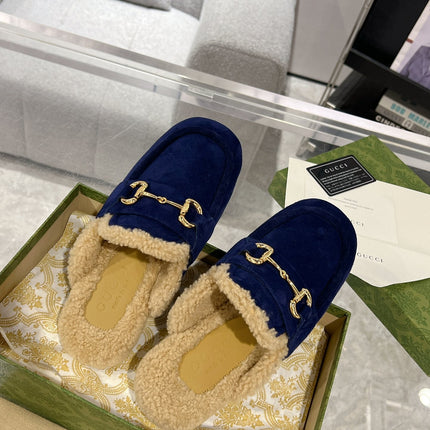 HORSEBIT MULE IN ROYAL BLUE SUEDE AND FLEECE LINING