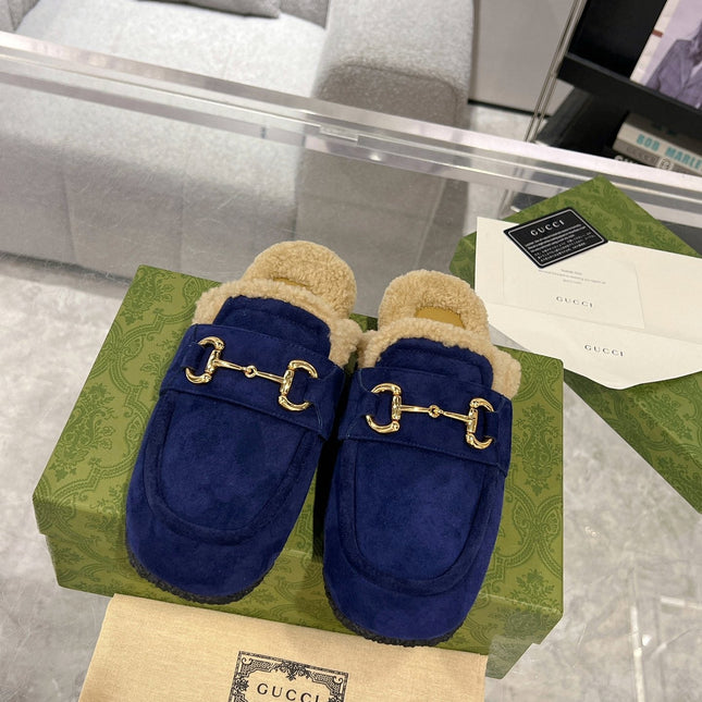 HORSEBIT MULE IN ROYAL BLUE SUEDE AND FLEECE LINING