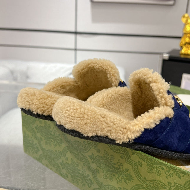 HORSEBIT MULE IN ROYAL BLUE SUEDE AND FLEECE LINING