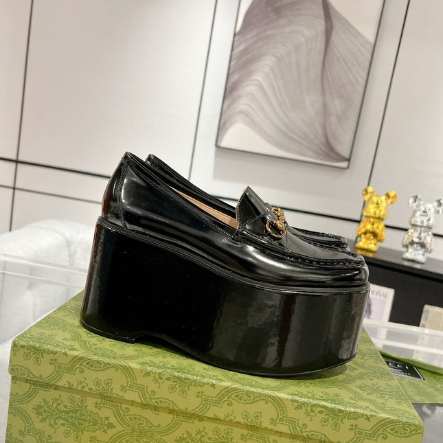 GG HORSEBIT PLATFORM LOAFER GLOSSY BLACK CALFSKIN