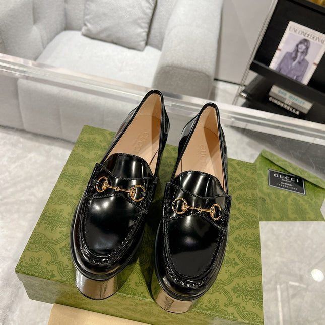 GG HORSEBIT PLATFORM LOAFER GLOSSY BLACK CALFSKIN