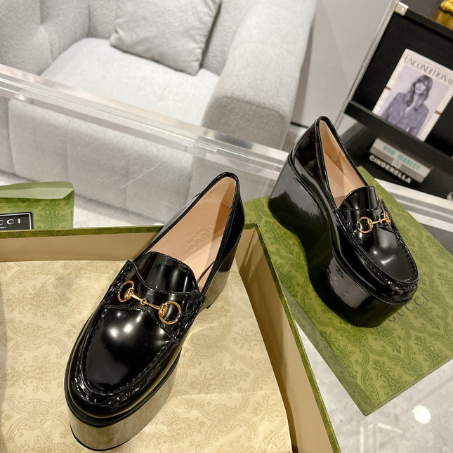 GG HORSEBIT PLATFORM LOAFER GLOSSY BLACK CALFSKIN