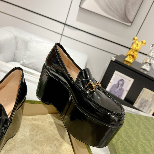GG HORSEBIT PLATFORM LOAFER GLOSSY BLACK CALFSKIN