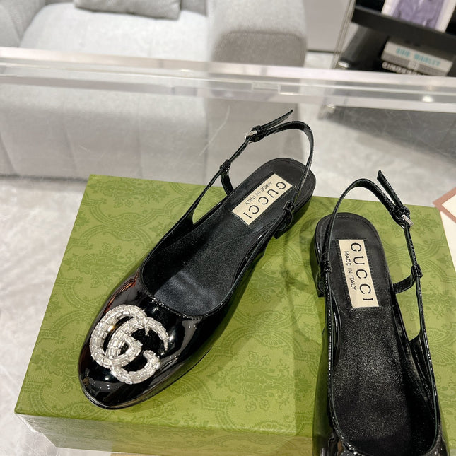 GG CRYSTALS SLINGBACK BALLET BLACK CALFSKIN