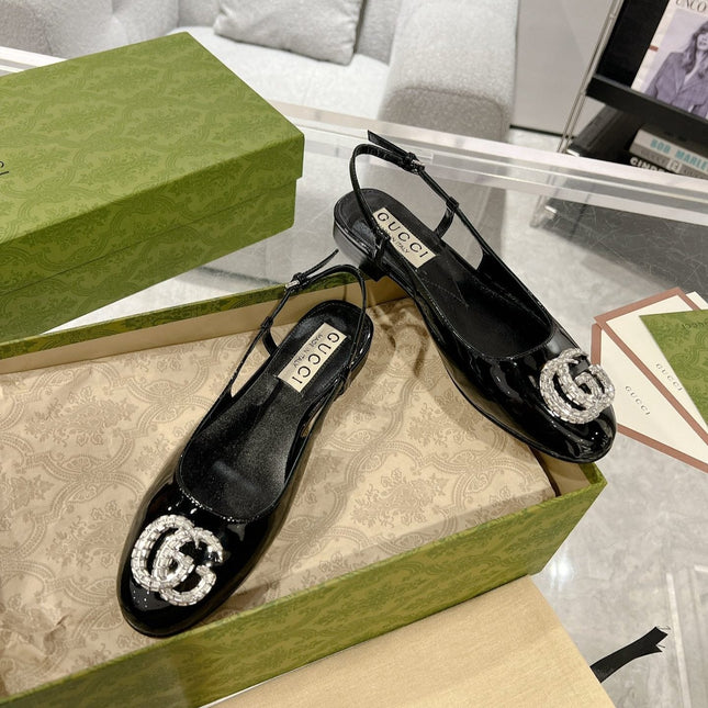 METALIC SLINGBACK FLATS IN BLACK CALFSKIN