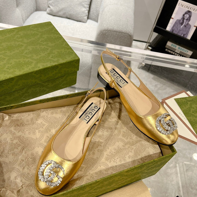 GG CRYSTALS SLINGBACK BALLET METALLIC GOLD CALFSKIN