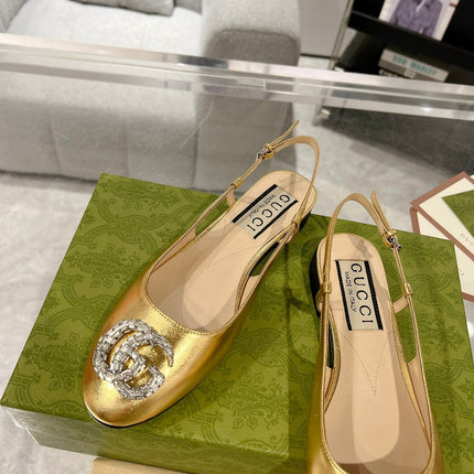 GG CRYSTALS SLINGBACK BALLET METALLIC GOLD CALFSKIN