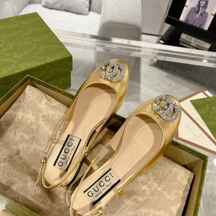 GG CRYSTALS SLINGBACK BALLET METALLIC GOLD CALFSKIN