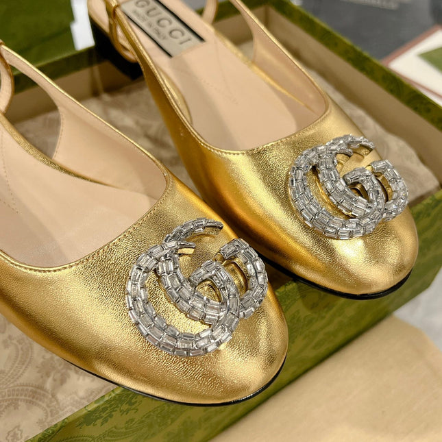 GG CRYSTALS SLINGBACK BALLET METALLIC GOLD CALFSKIN
