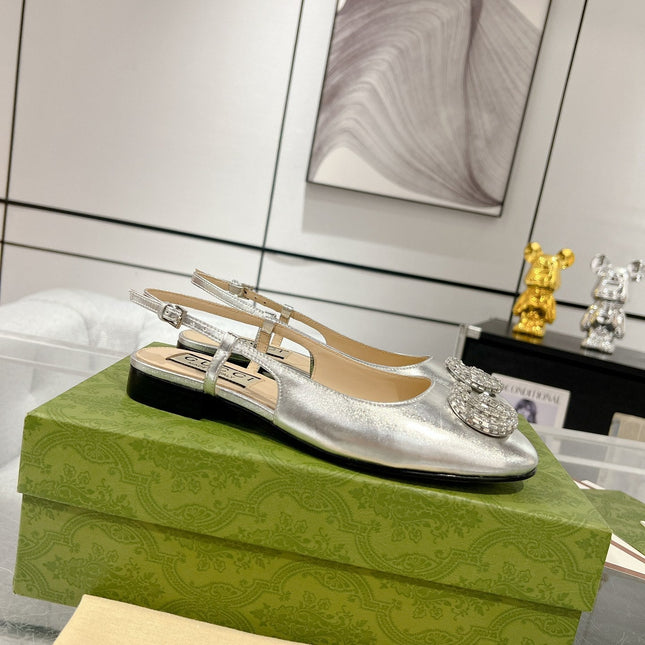 GG CRYSTALS SLINGBACK BALLET SILVER CALFSKIN