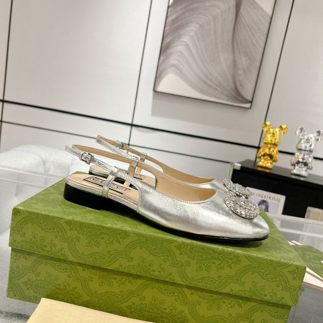 METALIC SLINGBACK FLATS IN SILVER CALFSKIN