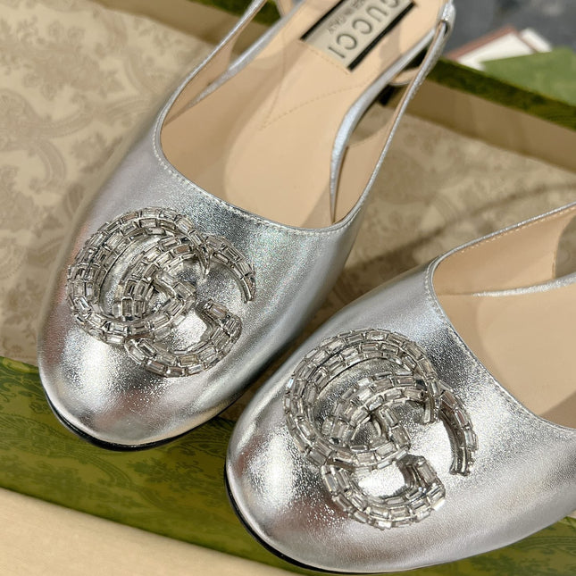 METALIC SLINGBACK FLATS IN SILVER CALFSKIN