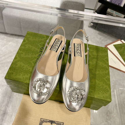 GG CRYSTALS SLINGBACK BALLET SILVER CALFSKIN