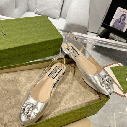 GG CRYSTALS SLINGBACK BALLET SILVER CALFSKIN