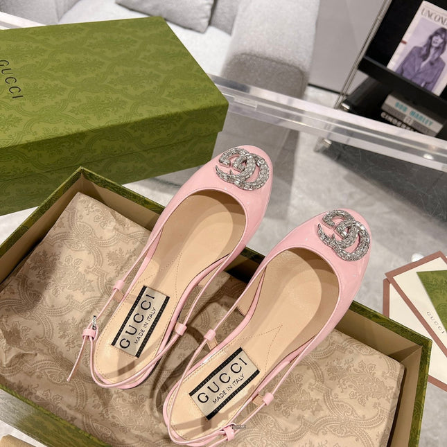 GG CRYSTALS SLINGBACK BALLET LIGHT PINK CALFSKIN