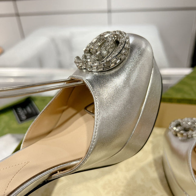 GG CRYSTALS PLATFORM PUMPS SILVER CALFSKIN