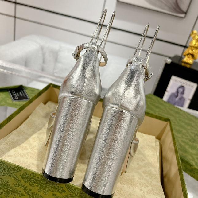 GG CRYSTALS PLATFORM PUMPS SILVER CALFSKIN