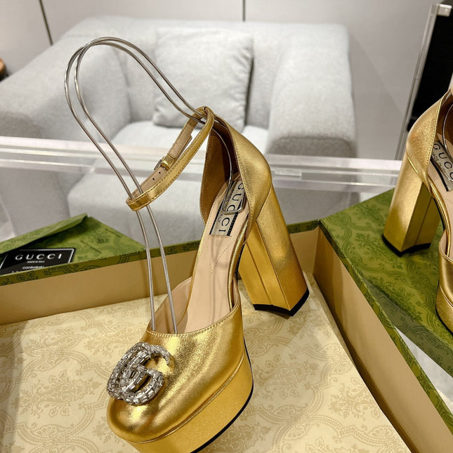 GG CRYSTALS PLATFORM PUMPS METALLIC GOLD CALFSKIN