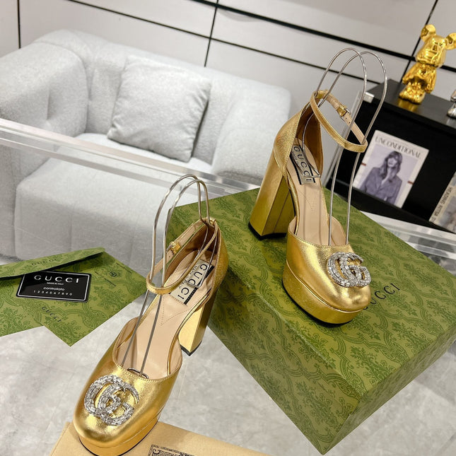 GG CRYSTALS PLATFORM PUMPS METALLIC GOLD CALFSKIN