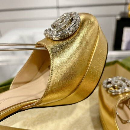 GG CRYSTALS PLATFORM PUMPS METALLIC GOLD CALFSKIN