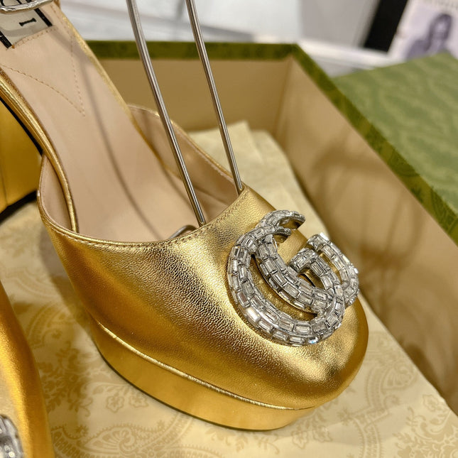 HIGH SANDAL SQUARE HEEL 12 CM IN GOLD CALFSKIN