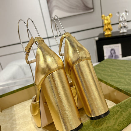 GG CRYSTALS PLATFORM PUMPS METALLIC GOLD CALFSKIN