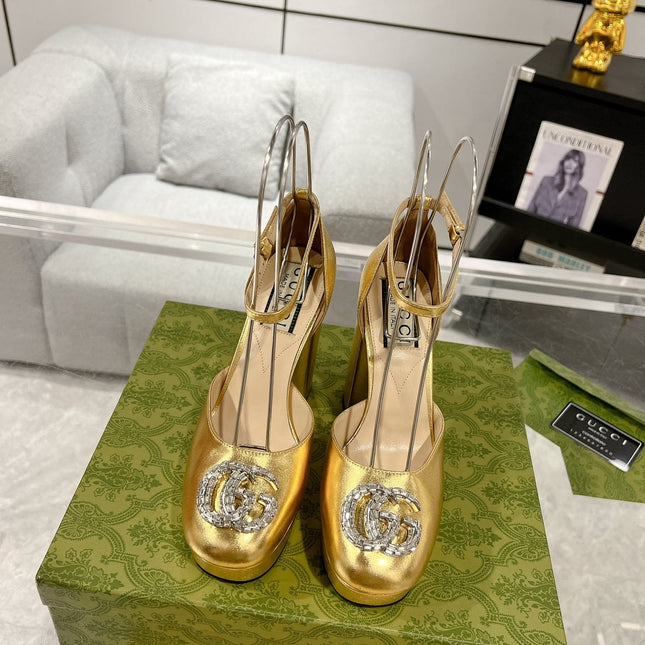 HIGH SANDAL SQUARE HEEL 12 CM IN GOLD CALFSKIN