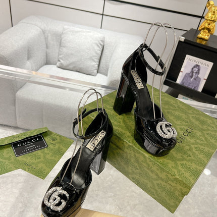 GG CRYSTALS PLATFORM PUMPS BLACK CALFSKIN