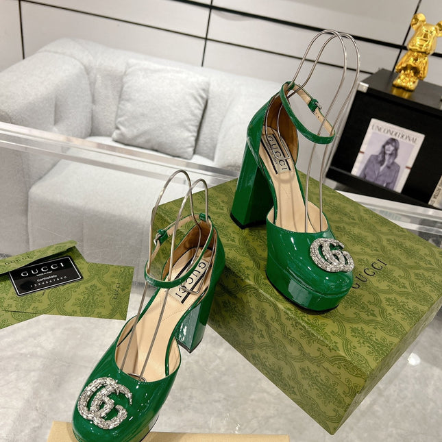 GG CRYSTALS PLATFORM PUMPS JADE GREEN CALFSKIN