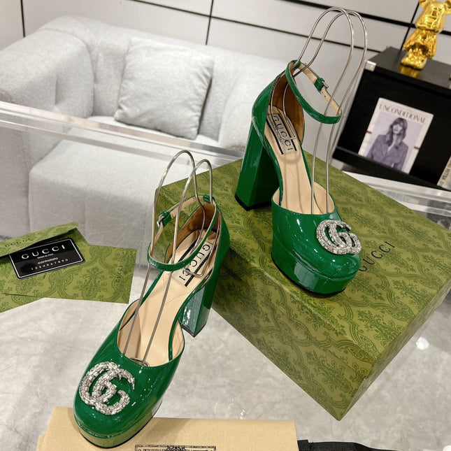 HIGH SANDAL SQUARE HEEL 12 CM IN DARK GREEN CALFSKIN