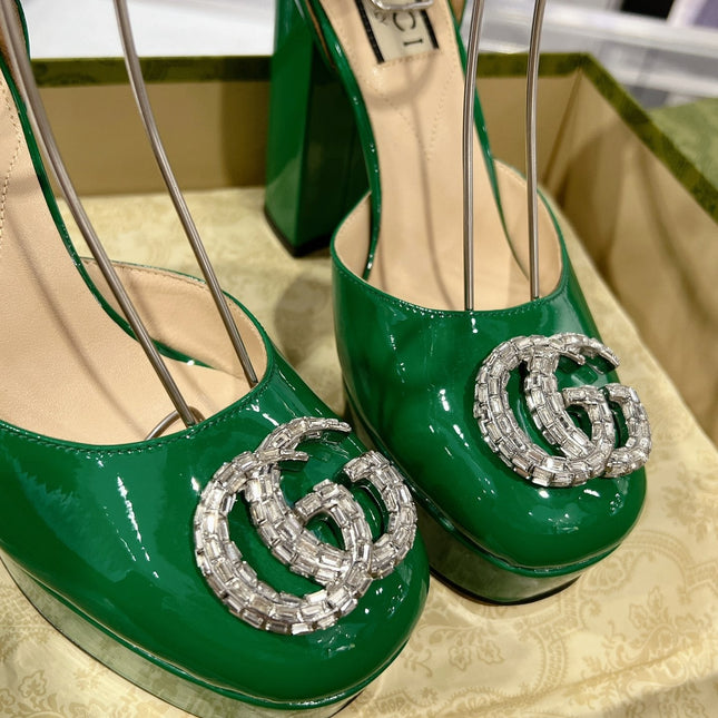 GG CRYSTALS PLATFORM PUMPS JADE GREEN CALFSKIN