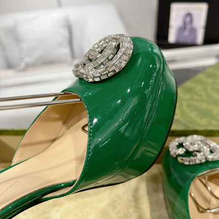 GG CRYSTALS PLATFORM PUMPS JADE GREEN CALFSKIN