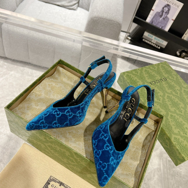 GG SLINGBACK HIGH HEEL PUMP AZURE VELVET