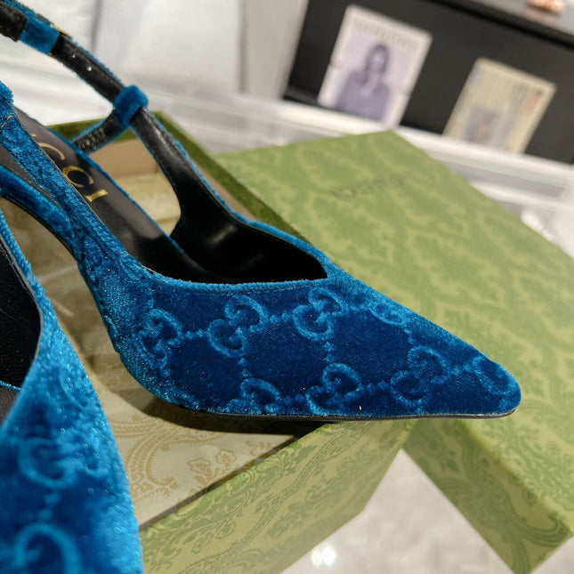 GG SLINGBACK HIGH HEEL PUMP AZURE VELVET