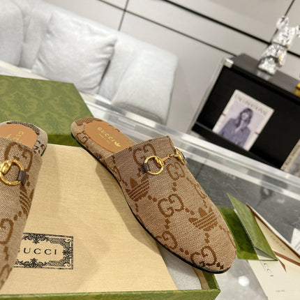 GG & ADIDAS MULE HORSEBIT BUCKLE LIGHT BROWN CANVAS