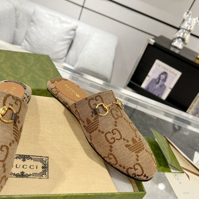 GG & ADIDAS MULE HORSEBIT BUCKLE LIGHT BROWN CANVAS