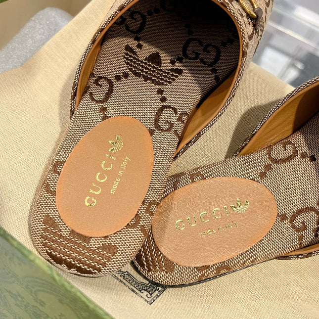 GG & ADIDAS MULE HORSEBIT BUCKLE LIGHT BROWN CANVAS