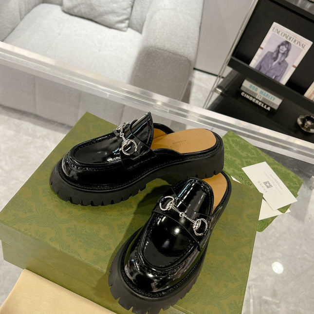 GG MULE WITH HORSEBIT GLOSSY BLACK CALFSKIN