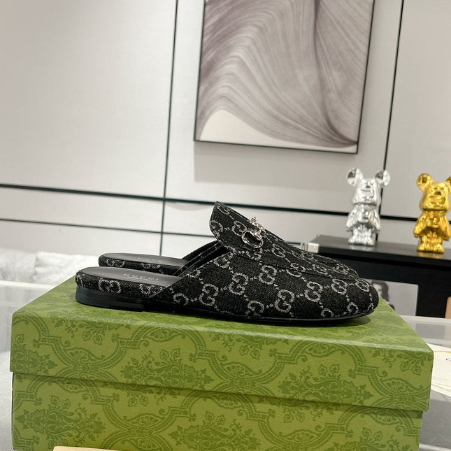 MEN'S MULE WITH HORSEBIT IN BLACK MONOGRAM JACQUARD FABRIC