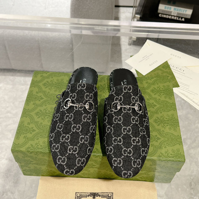 MEN'S MULE WITH HORSEBIT IN BLACK MONOGRAM JACQUARD FABRIC