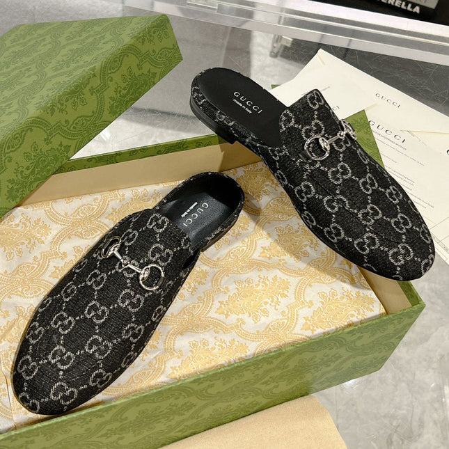 MEN'S MULE WITH HORSEBIT IN BLACK MONOGRAM JACQUARD FABRIC