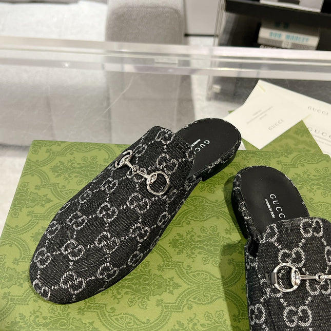 MEN'S MULE WITH HORSEBIT IN BLACK MONOGRAM JACQUARD FABRIC