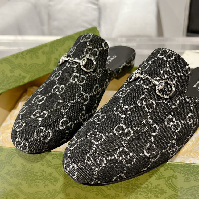 MEN'S MULE WITH HORSEBIT IN BLACK MONOGRAM JACQUARD FABRIC