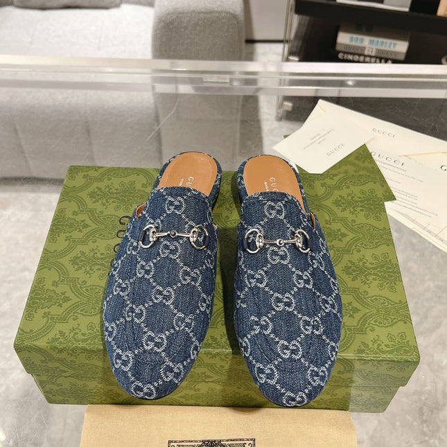 MEN'S MULE WITH HORSEBIT IN DENIM BLUE MONOGRAM JACQUARD FABRIC