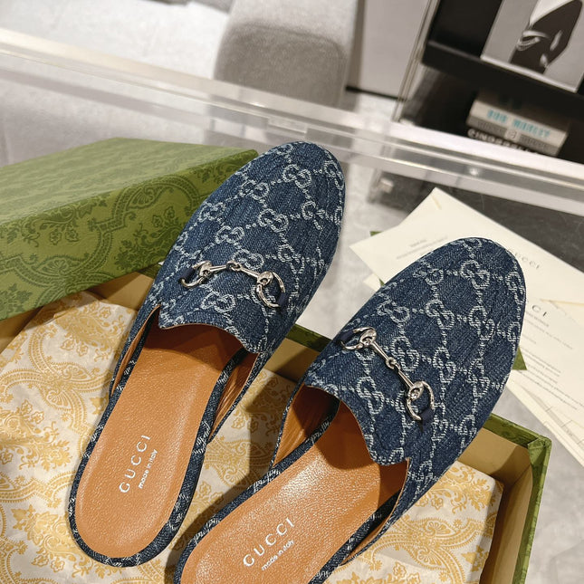 MEN'S MULE WITH HORSEBIT IN DENIM BLUE MONOGRAM JACQUARD FABRIC