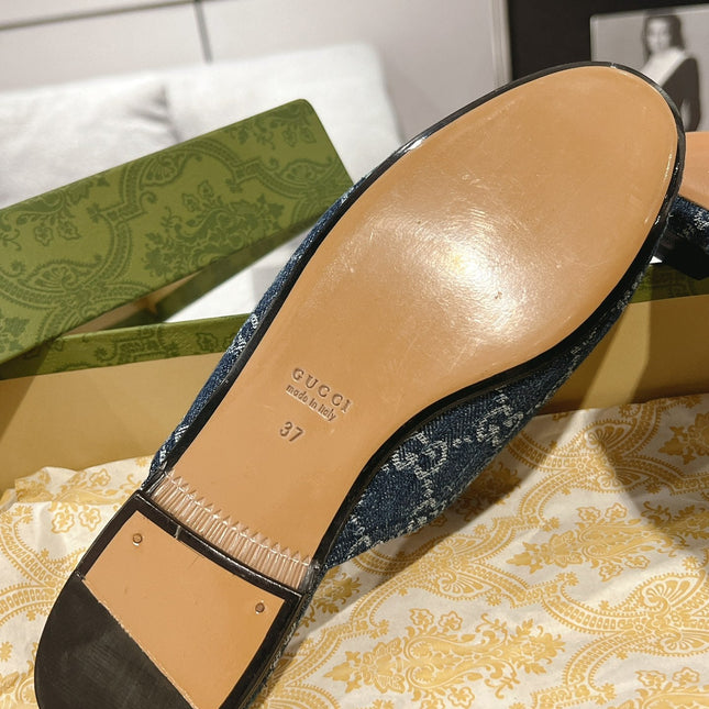 MEN'S MULE WITH HORSEBIT IN DENIM BLUE MONOGRAM JACQUARD FABRIC