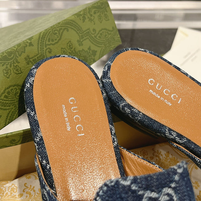 MEN'S MULE WITH HORSEBIT IN DENIM BLUE MONOGRAM JACQUARD FABRIC