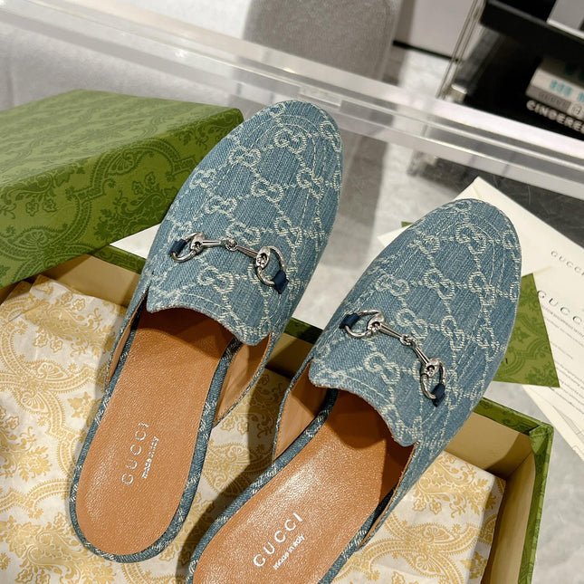 MEN'S MULE WITH HORSEBIT IN SAPHIRE BLUE MONOGRAM JACQUARD FABRIC